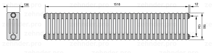 Схема (чертеж) Радиатор Zehnder Charleston 4019/33 №7610 Белый глянцевый RAL 9016